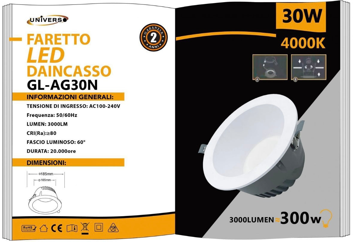 Faretto LED da Incasso 30W 3000LM, Downlight Rotondo da Soffitto, Fascio 60°, CRI ≥80, Ø185 mm, Foro Ø165 mm, 3000K/4000K/6500K, 1 Pezzo, GL-AG30