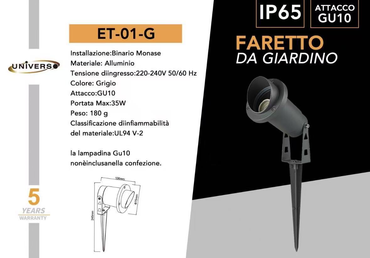 Faretto da Giardino con Picchetto IP65 per Esterno, Attacco GU10, Orientabile, Alluminio, Impermeabile, Ideale per Illuminazione Giardino, Vialetti e Piante – Modello ET-01