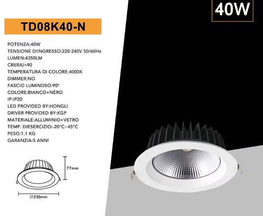 Faretto LED da Incasso 40W 4350LM, Downlight LED Rotondo da Soffitto Ø230mm, CRI>90, Fascio 90°, Bianco e Nero, Luce Naturale 4000K, IP20, TD08K40-N