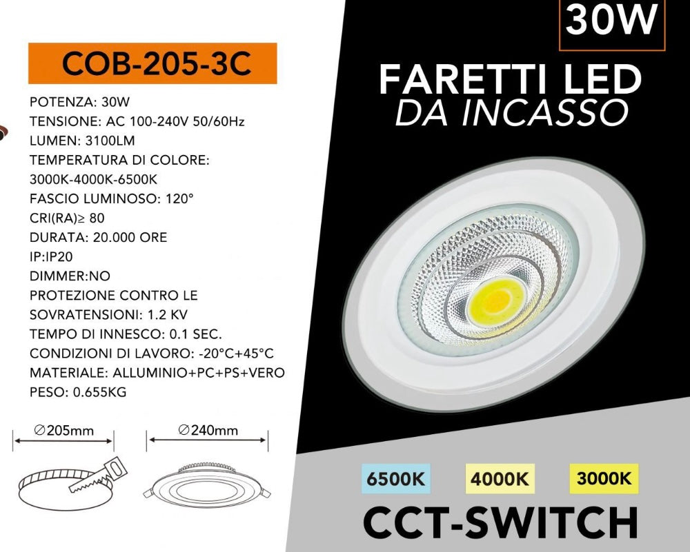 Faretto LED da Incasso Rotondo COB 30W 3100LM, 3 Temperature Colore Selezionabili 3000K 4000K 6500K, Ø240mm, Foro Ø205mm, Fascio 120°, CRI≥80, IP20, 1 Pezzo, COB-205-3C