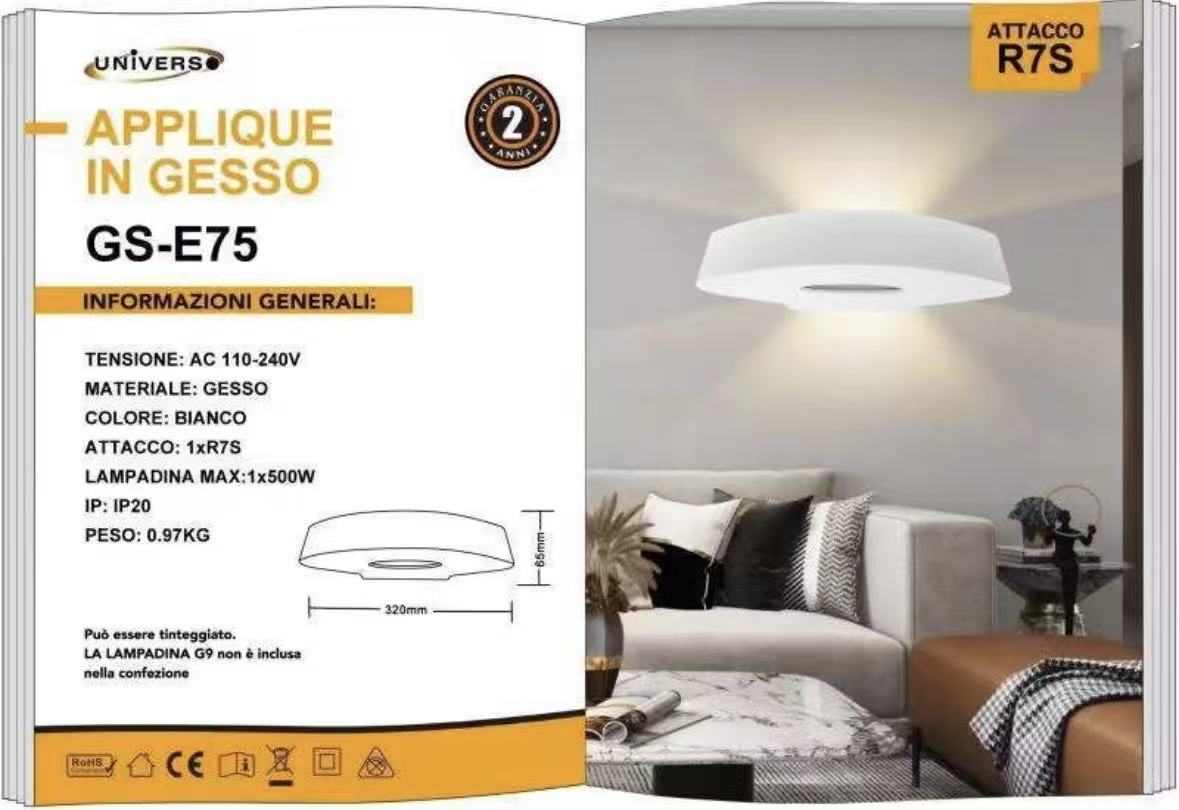 TEKHONE Applique in Gesso da Parete R7S, Lampada da Muro Moderna Verniciabile, Luce Diretta e Indiretta, Bianco, per Soggiorno Camera Corridoio – GS-E75