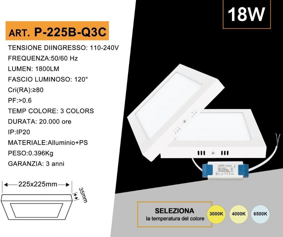 Pannello LED Quadrato da Soffitto 18W 1800LM, 3 Temperature Colore Selezionabili 3000K 4000K 6500K, Plafoniera LED 225x225mm, Altezza 35mm, Fascio 120°, CRI≥80, IP20, 1 Pezzo, P-225B-Q3C