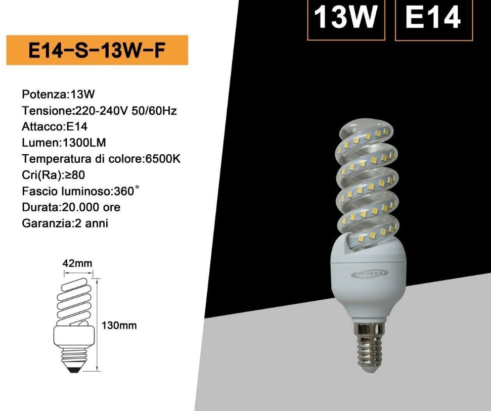 Lampadine LED E14 13W, Confezione da 10 Pezzi, 1300LM, 3000K/4000K/6500K, Lampadina LED a Spirale, Luce Calda/Naturale/Fredda, CRI>80, Illuminazione 360°, Modello E14-S-13W