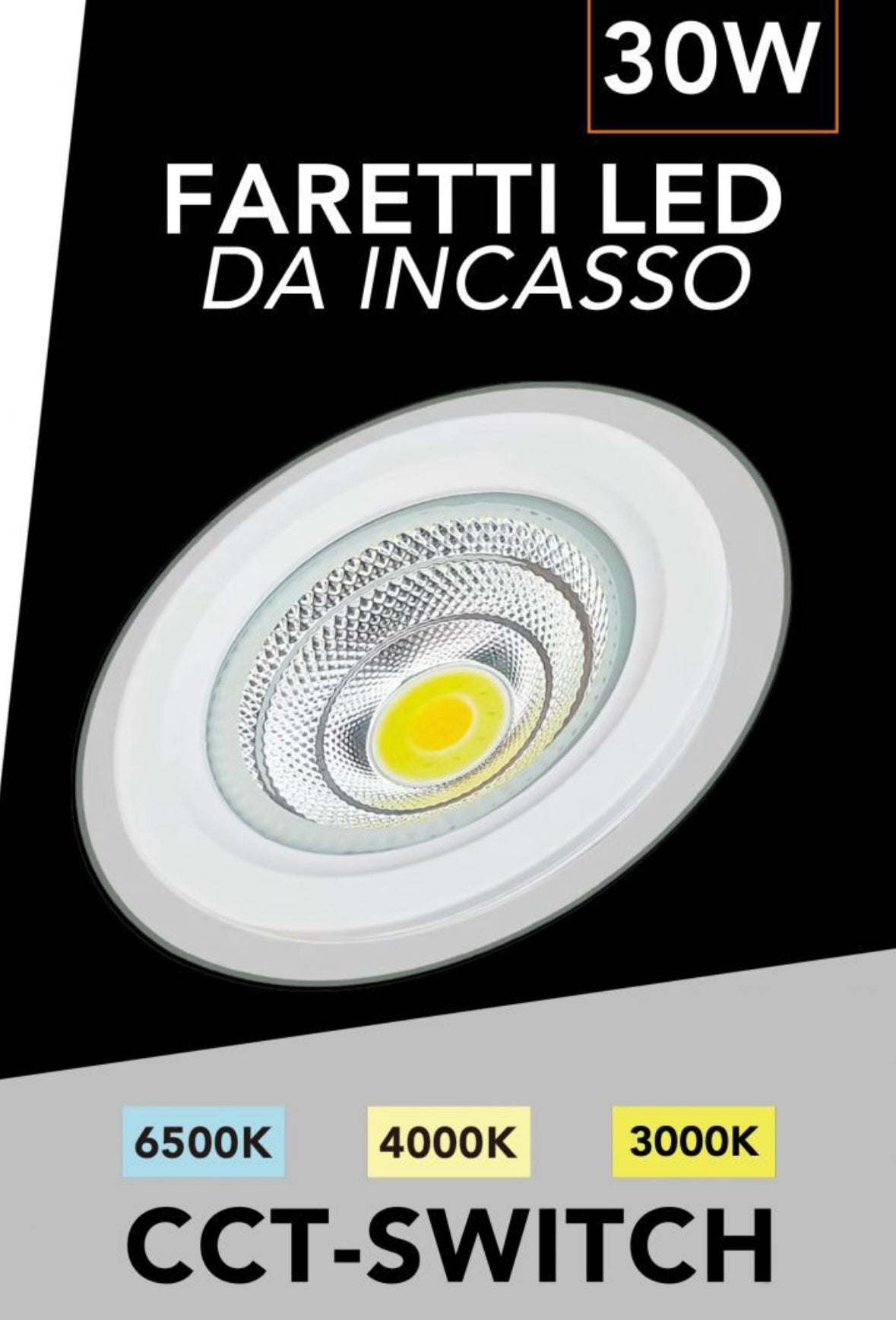 Faretto LED da Incasso Rotondo COB 30W 3100LM, 3 Temperature Colore Selezionabili 3000K 4000K 6500K, Ø240mm, Foro Ø205mm, Fascio 120°, CRI≥80, IP20, 1 Pezzo, COB-205-3C