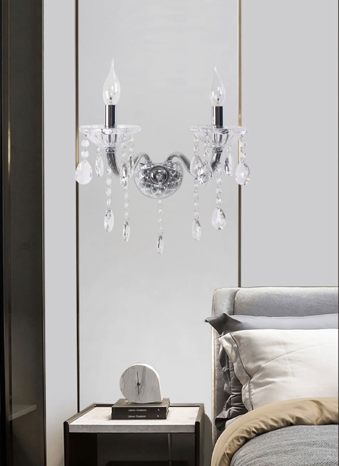 TEKHOME Applique da Muro Classica in Cristallo 2 Luci, Portalampada E14, Lampada da Parete Stile Candelabro, Vari Colori E35