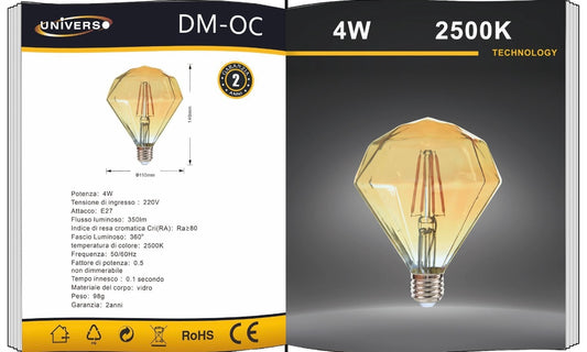 Lampadine LED Decorative E27 Effetto Diamante, Confezione da 5 Pezzi, 4W 2500K, 350LM, Vetro Ambrato, Luce Extra Calda, 360°, Lampadina Design Geometrico, Non Dimmerabile, Modello DM-OC