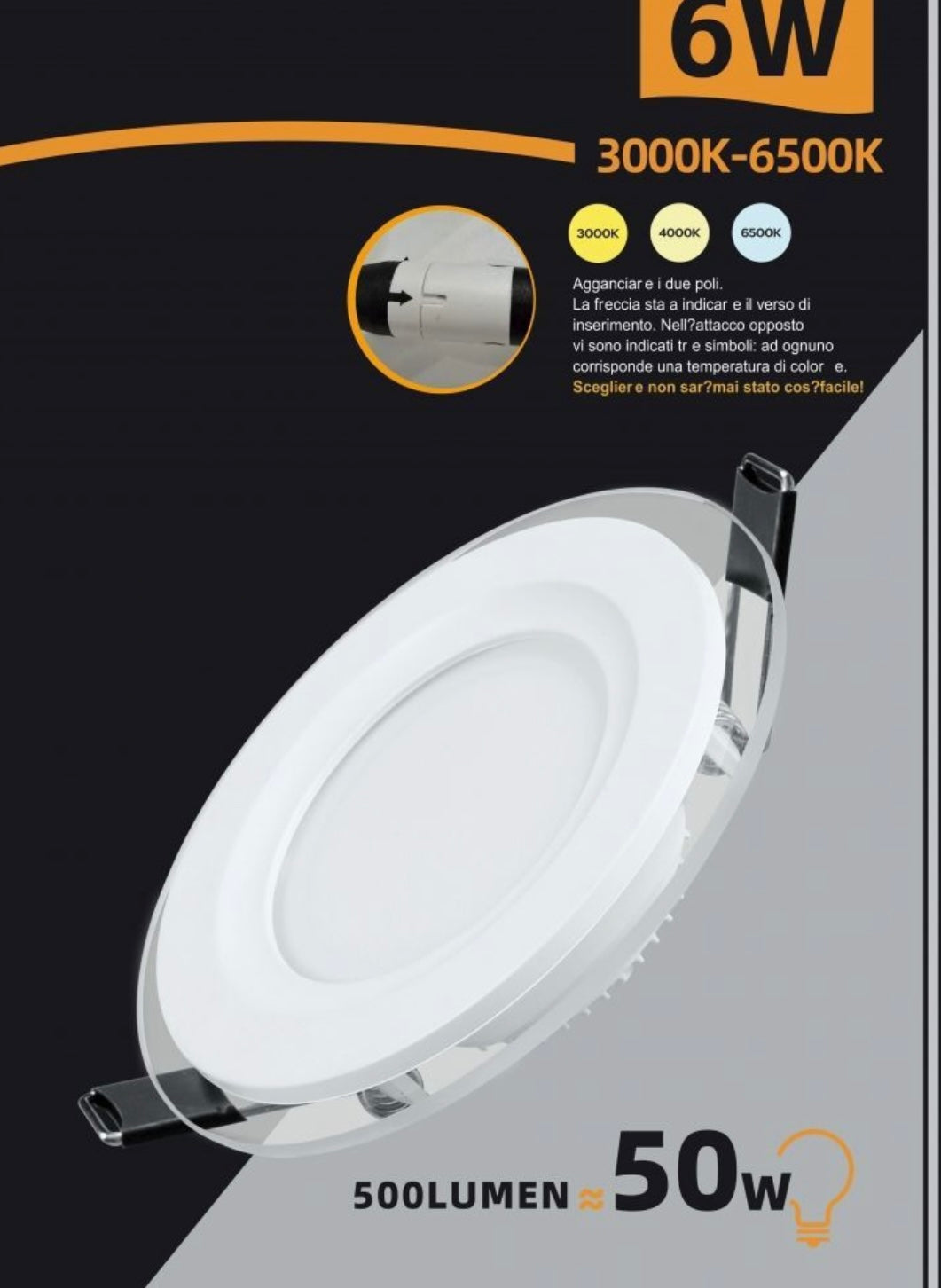 Faretto LED da Incasso Rotondo 6W 500LM, 3 Colori Selezionabili 3000K 4000K 6500K, Pannello LED Ø100mm, Foro Ø75mm, Fascio 120°, CRI≥80, 1 Pezzo, P-75E-T3C