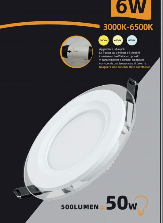 Faretto LED da Incasso Rotondo 6W 500LM, 3 Colori Selezionabili 3000K 4000K 6500K, Pannello LED Ø100mm, Foro Ø75mm, Fascio 120°, CRI≥80, 1 Pezzo, P-75E-T3C