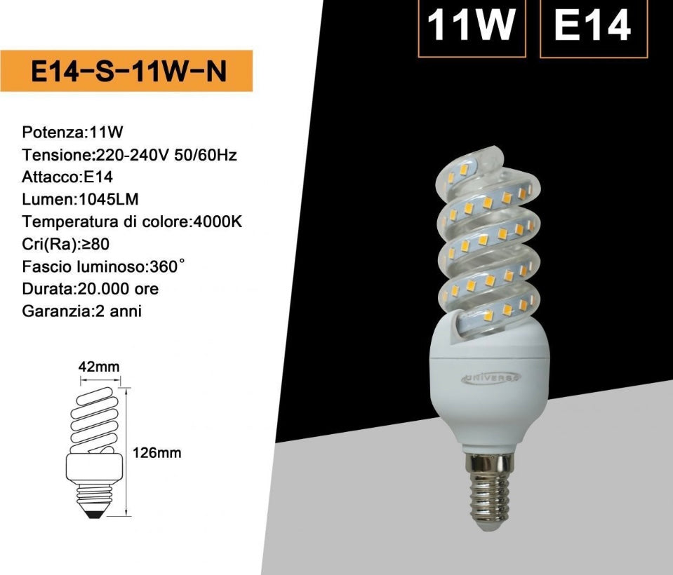 Lampadine LED E14 11W, Confezione da 10 Pezzi, 1045LM, 3000K/4000K/6500K, Lampadina LED a Spirale, Luce Calda/Naturale/Fredda, CRI>80, Fascio 360°, Risparmio Energetico, Modello E14-S-11W