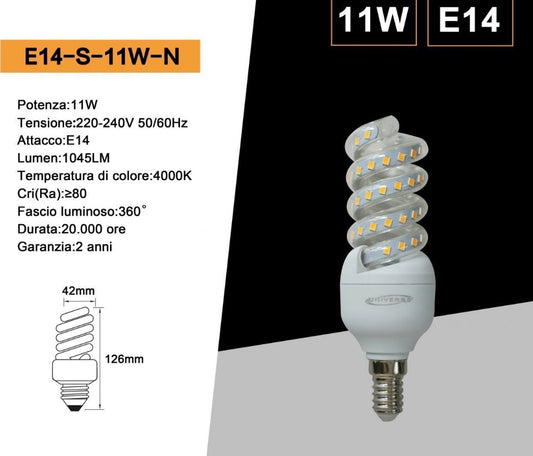 Lampadine LED E14 11W, Confezione da 10 Pezzi, 1045LM, 3000K/4000K/6500K, Lampadina LED a Spirale, Luce Calda/Naturale/Fredda, CRI>80, Fascio 360°, Risparmio Energetico, Modello E14-S-11W