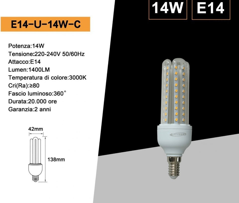 Lampadine LED E14 14W, Confezione da 10 Pezzi, 1400LM, 3000K/4000K/6500K, Luce Calda, Naturale e Fredda, Lampadina LED a U, CRI>80, Illuminazione 360°, Risparmio Energetico, Modello E14-U-14W