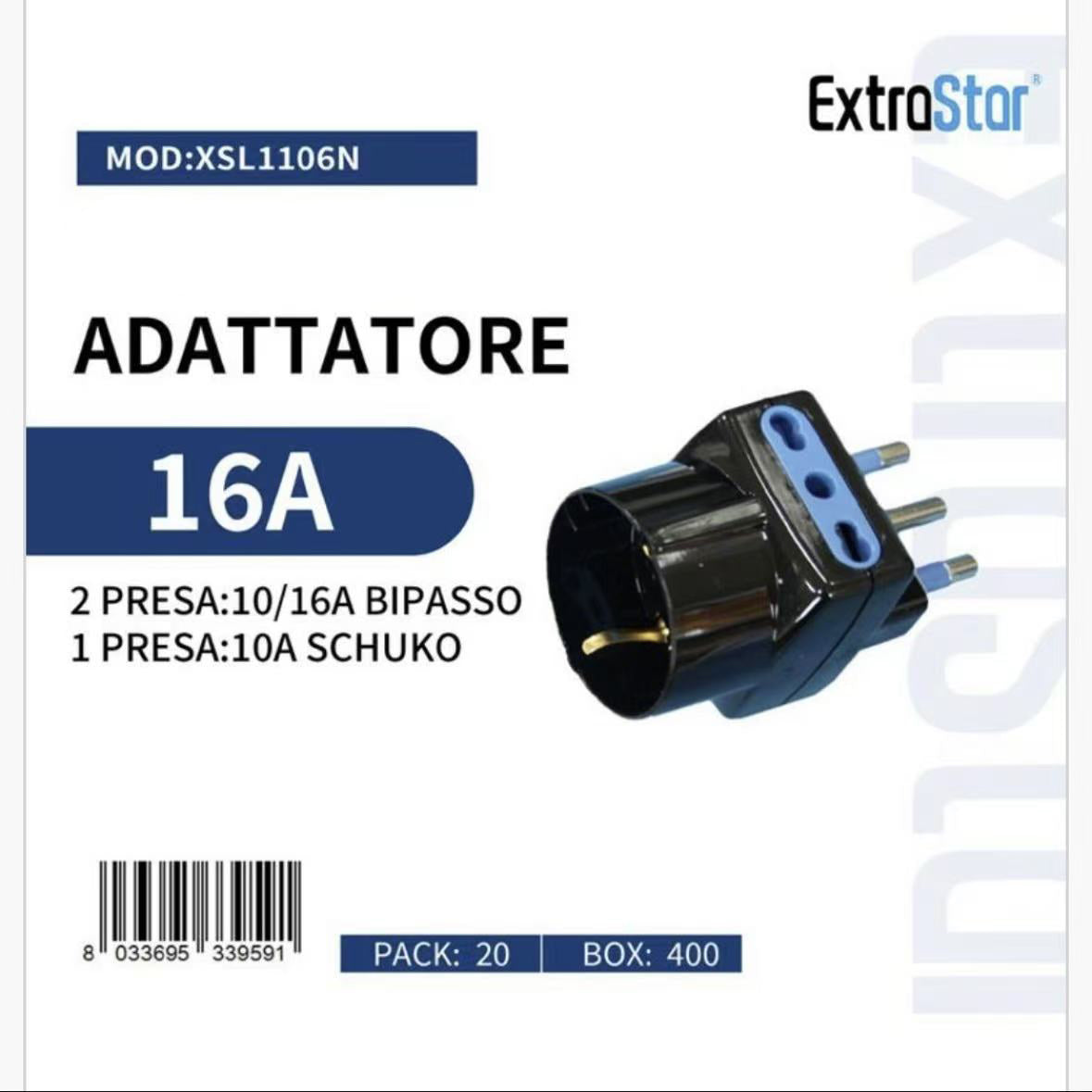5 Pezzi –Adattatore Multiplo 16A con Spina Italiana Tipo L, 2 Prese Bipasso 10/16A + 1 Presa Schuko, 250V, Nero –  XSL1106N