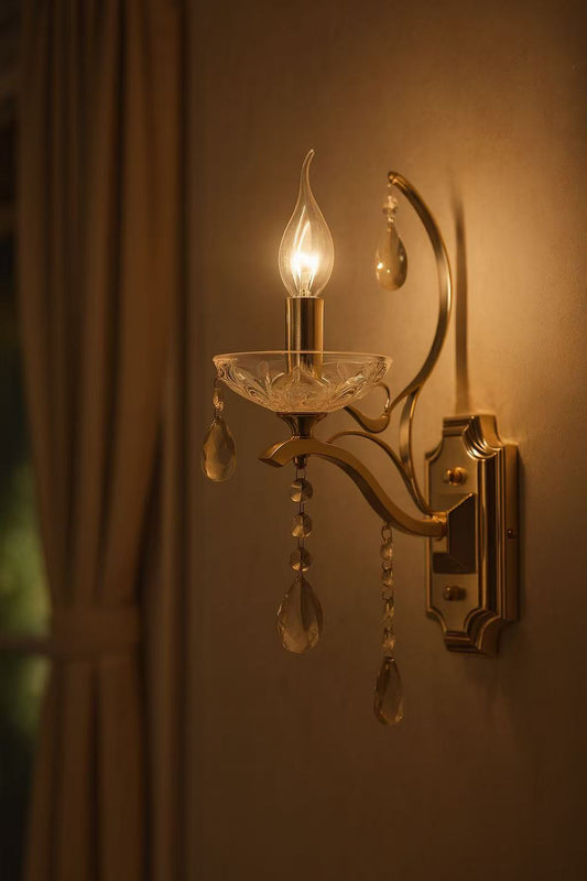 TEKHOME Applique da Parete in Cristallo Stile Candelabro Oro E68-1, Portalampada E14, Lampada da Muro Classica con Decorazioni in Vetro per Soggiorno, Camera da Letto e Corridoio E68-1