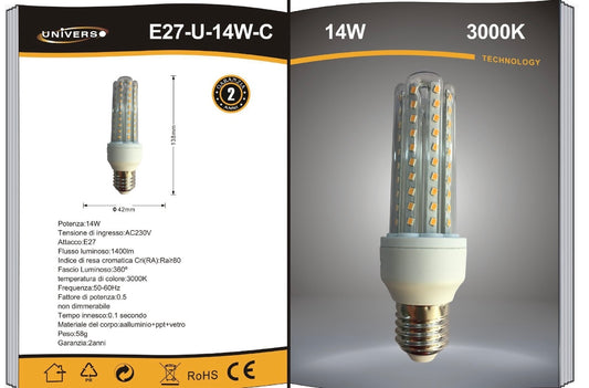 Lampadine LED E27 14W, Confezione da 10 Pezzi, 1400LM, 3000K/4000K/6500K, Luce Calda, Naturale e Fredda, Lampadina LED a U, CRI>80, Illuminazione 360°, Risparmio Energetico, Modello E27-U-14W