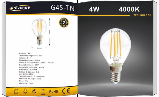Lampadine LED E14 G45 4W, Confezione da 5 Pezzi, 440LM, 3000K/4000K/6500K, Lampadine Decorative in Vetro Trasparente, Luce a 360°, Basso Consumo, Non Dimmerabili, Modello G45-T