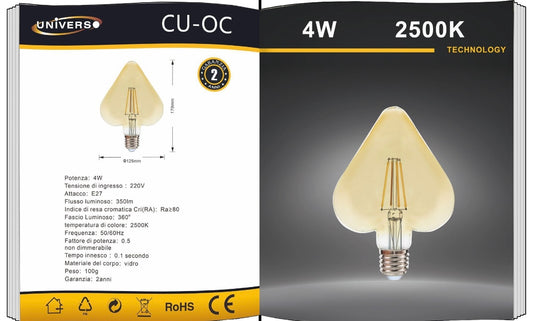 Lampadine LED Decorative E27 a Forma di Cuore, Confezione da 5 Pezzi, 4W 2500K, 350LM, Vetro Ambrato, Luce Extra Calda, 360°, Lampadina Design per Decorazione, Modello CU-OC