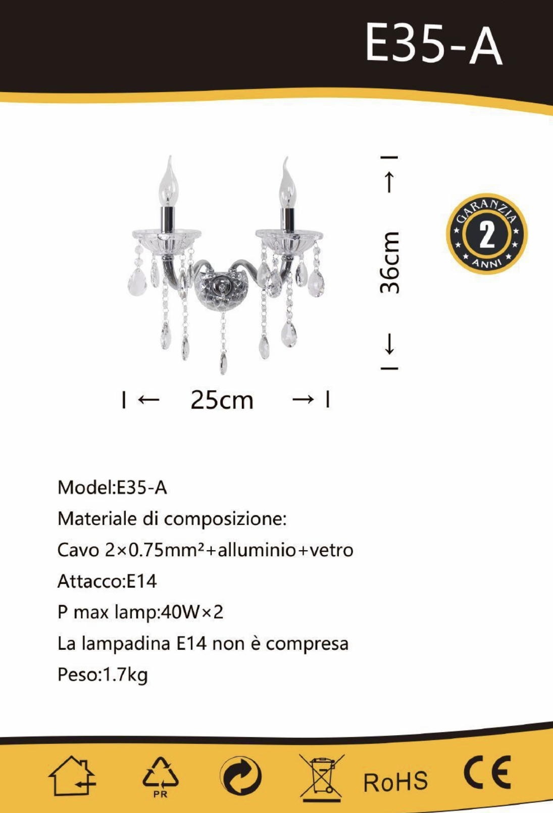 TEKHOME Applique da Muro Classica in Cristallo 2 Luci, Portalampada E14, Lampada da Parete Stile Candelabro, Vari Colori E35