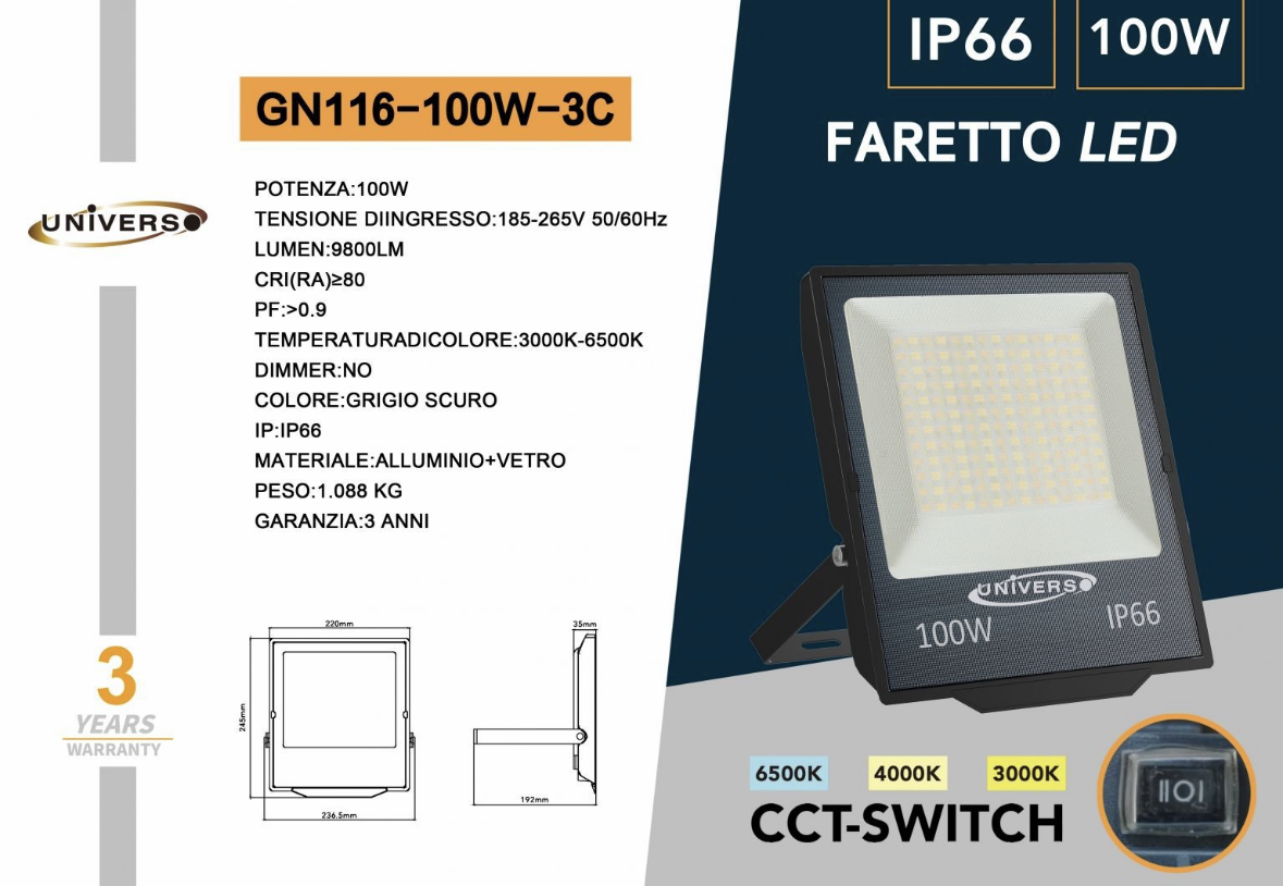 Faretto LED da Esterno IP66 GN116 – 30W / 50W / 100W / 200W, CCT Switch 3000K 4000K 6500K, Faro LED Impermeabile, Corpo in Alluminio, Luce Potente per Giardino Cortile Garage