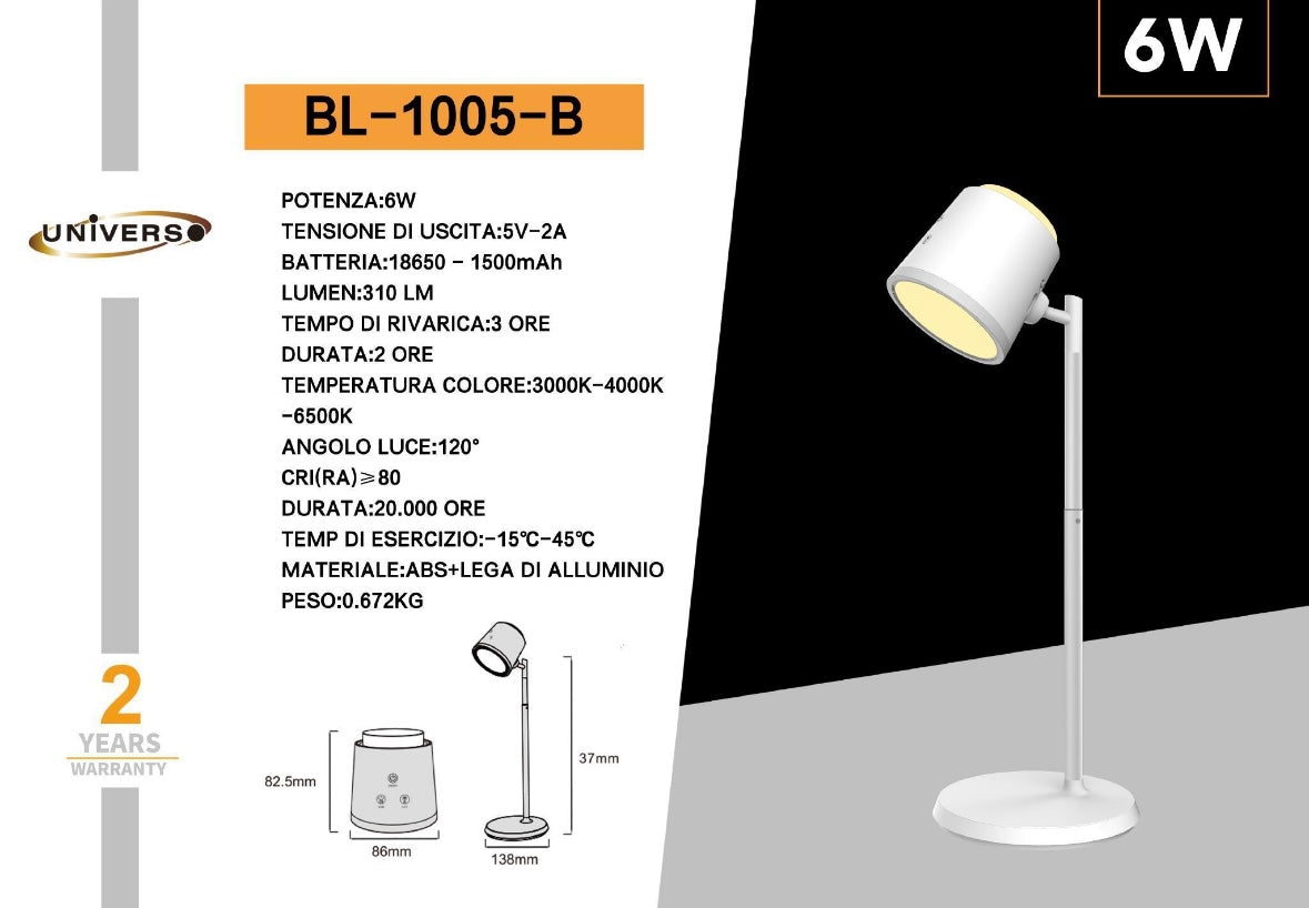 Lampada da Tavolo LED Ricaricabile 6W, 3 Temperature di Colore 3000K-4000K-6500K, Batteria 18650, Luce Orientabile, Moderna per Scrivania, Comodino, Studio BL-1005