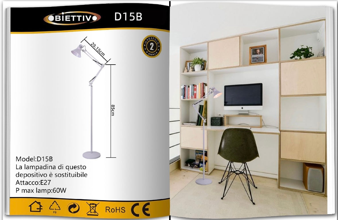 Lampada da Terra – Piantana Regolabile con Braccio Orientabile, Attacco E27, Max 60W, Design Moderno per Studio, Ufficio e Soggiorno D15