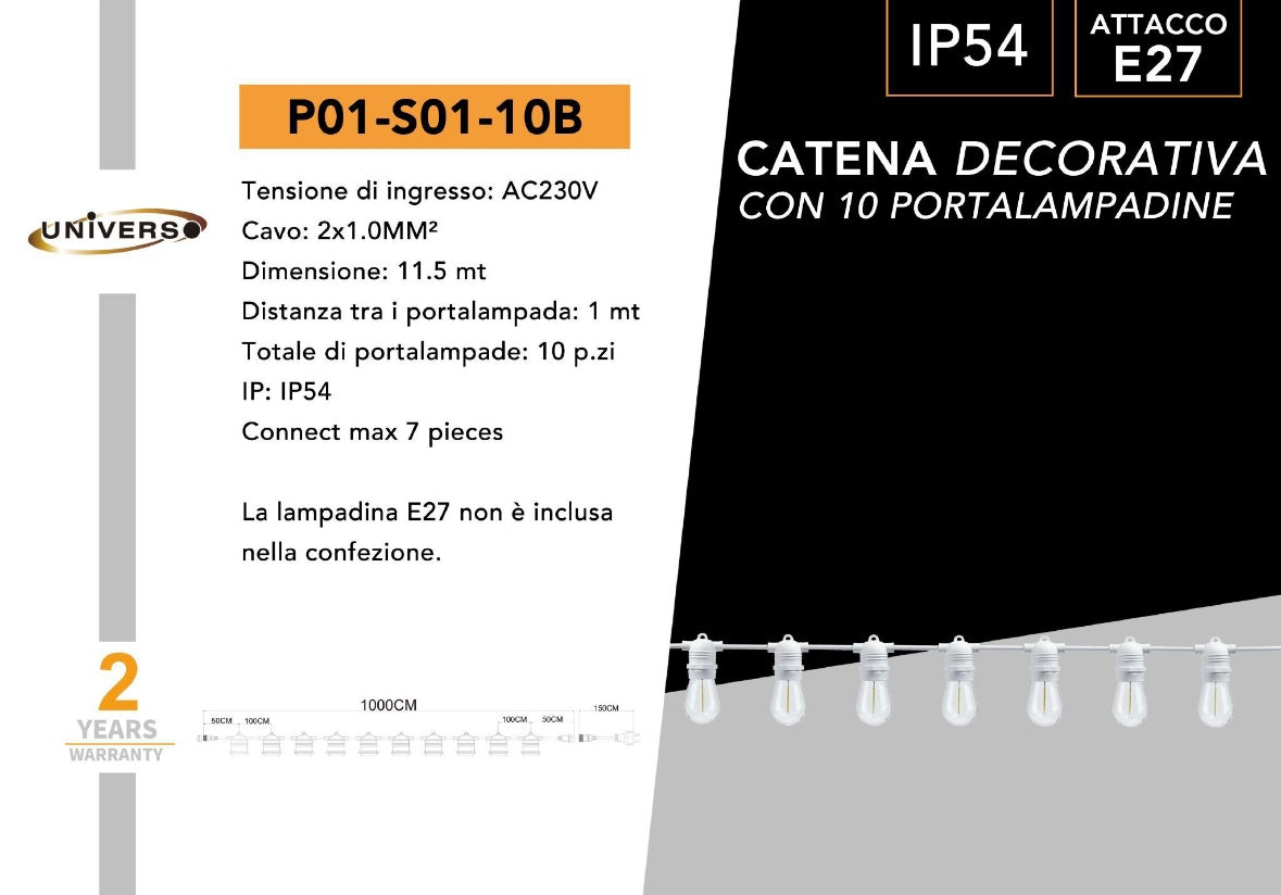 Catena Luminosa E27 Esterno IP54 con Portalampada, Collegabile, per Giardino Terrazzo Festa – Varianti 10 e 15 Luci Nero/Bianco P01-S01