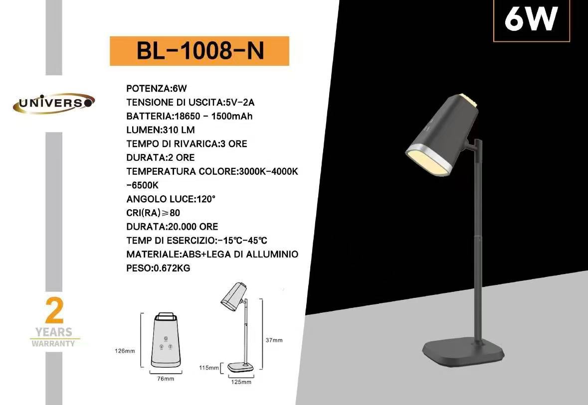 Lampada da Tavolo LED Ricaricabile 6W – Senza Fili, 3 Temperature di Colore 3000K/4000K/6500K, Orientabile, Batteria Integrata, Luce per Scrivania e Comodino BL-1008