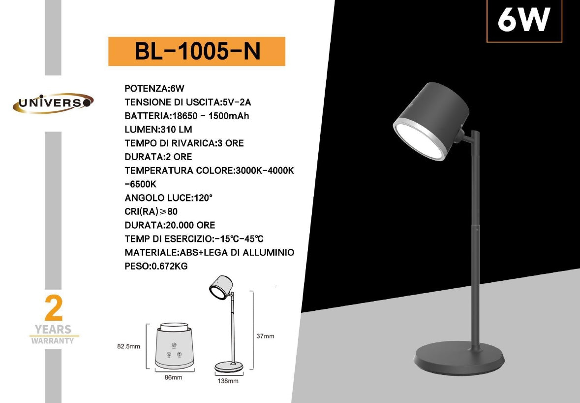 Lampada da Tavolo LED Ricaricabile 6W, 3 Temperature di Colore 3000K-4000K-6500K, Batteria 18650, Luce Orientabile, Moderna per Scrivania, Comodino, Studio BL-1005