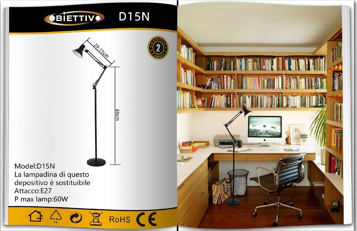 Lampada da Terra – Piantana Regolabile con Braccio Orientabile, Attacco E27, Max 60W, Design Moderno per Studio, Ufficio e Soggiorno D15