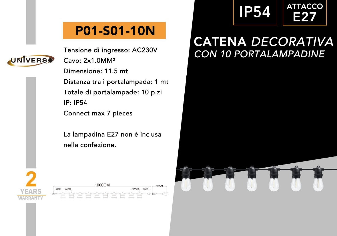 Catena Luminosa E27 Esterno IP54 con Portalampada, Collegabile, per Giardino Terrazzo Festa – Varianti 10 e 15 Luci Nero/Bianco P01-S01