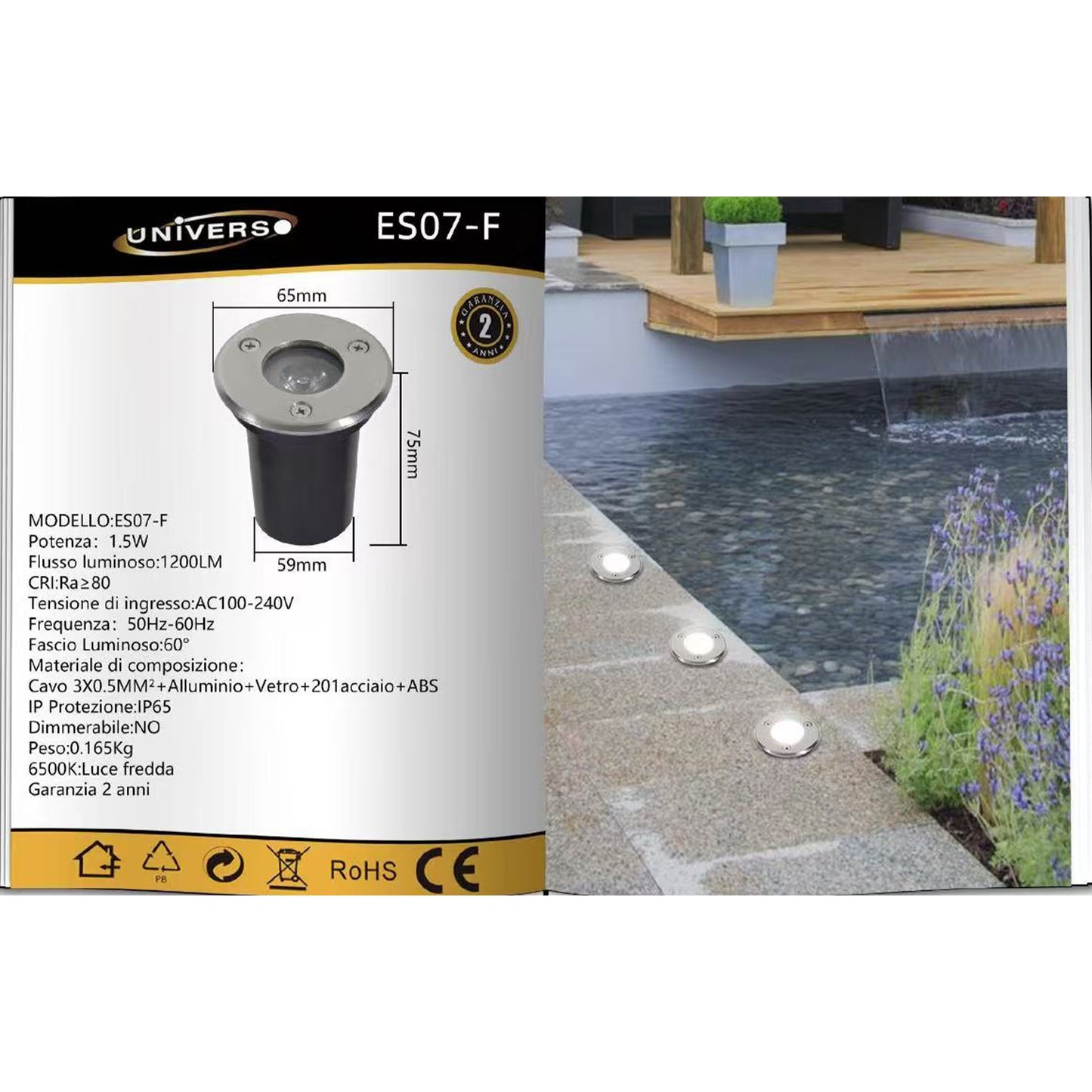 Faretto da Incasso a Terra LED IP65 1.5W 120LM, Lampada da Terra da Esterno in Alluminio e Vetro Temperato Ø65mm– ES07