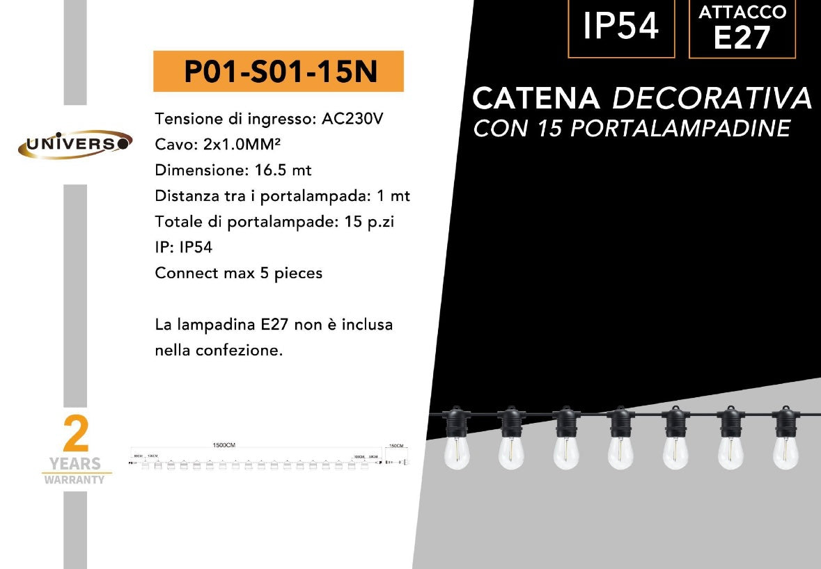 Catena Luminosa E27 Esterno IP54 con Portalampada, Collegabile, per Giardino Terrazzo Festa – Varianti 10 e 15 Luci Nero/Bianco P01-S01