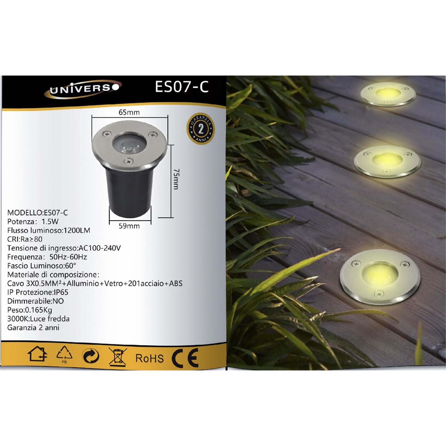 Faretto da Incasso a Terra LED IP65 1.5W 120LM, Lampada da Terra da Esterno in Alluminio e Vetro Temperato Ø65mm– ES07