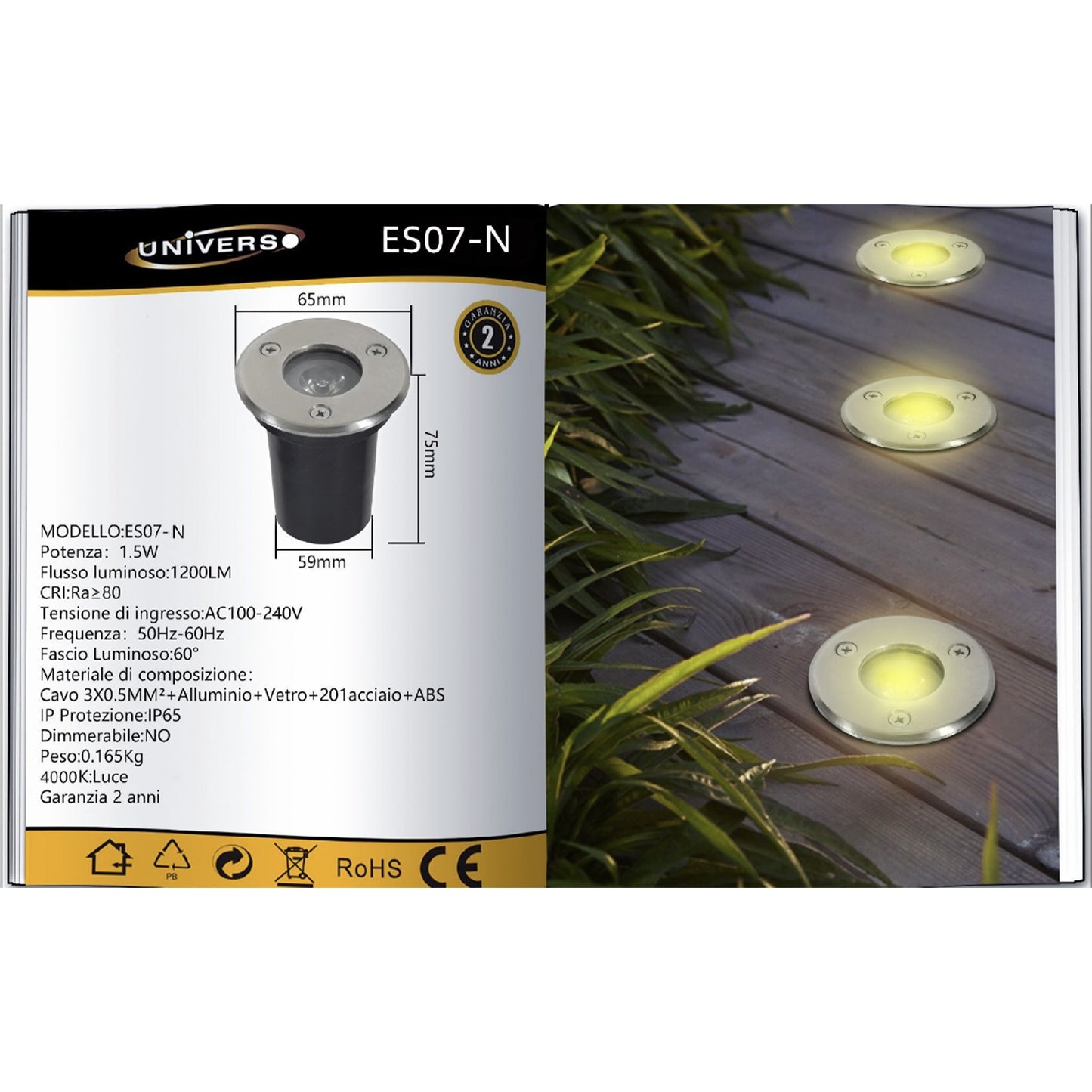 Faretto da Incasso a Terra LED IP65 1.5W 120LM, Lampada da Terra da Esterno in Alluminio e Vetro Temperato Ø65mm– ES07
