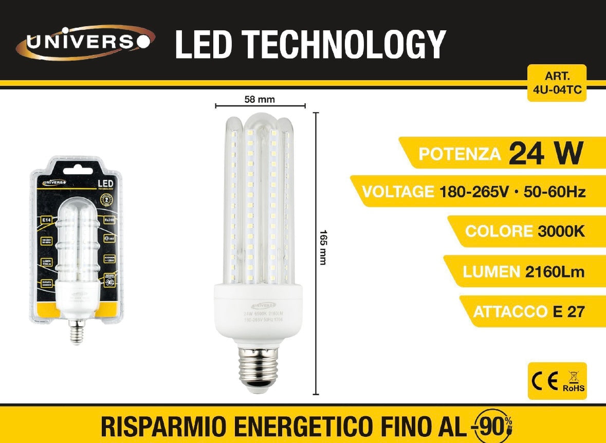 Lampadine LED E27 24W, Confezione da 6 Pezzi, 2160LM, 3000K Luce Calda, Lampadina LED a Mais, Fascio Luminoso 360°, CRI>80, Basso Consumo Energetico, Non Dimmerabile, Modello 4U-04TC