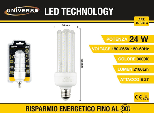 Lampadine LED E27 24W, Confezione da 6 Pezzi, 2160LM, 3000K Luce Calda, Lampadina LED a Mais, Fascio Luminoso 360°, CRI>80, Basso Consumo Energetico, Non Dimmerabile, Modello 4U-04TC