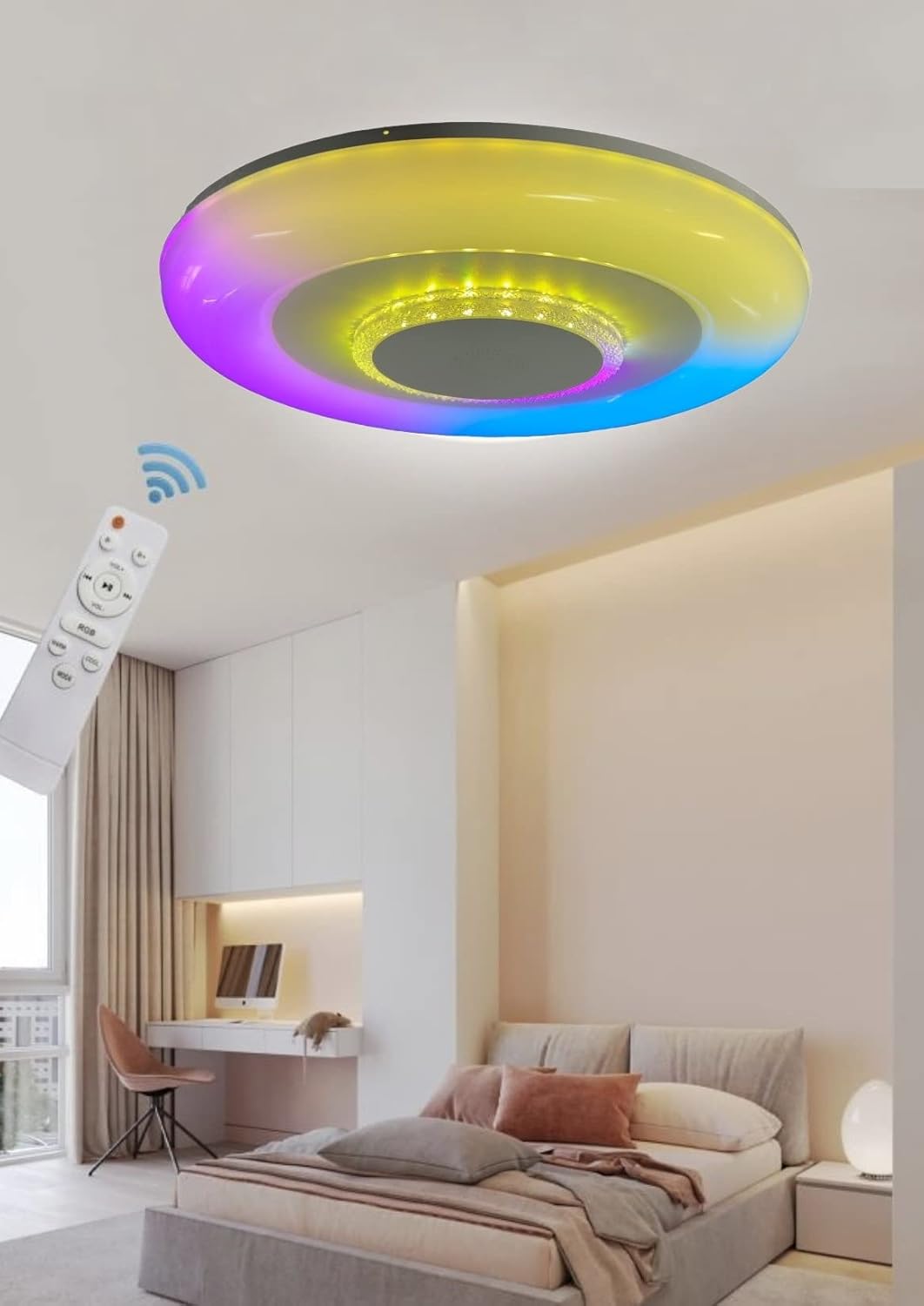 TEKHOME Plafoniera LED Smart, 9W RGB + 9W Bianco (3000K-6500K), Dimmerabile con APP e Telecomando, Contrololo Bluetooth, Luce Colorata per Interni, IP20, Ø485mm, Bianco C44-RGB-O