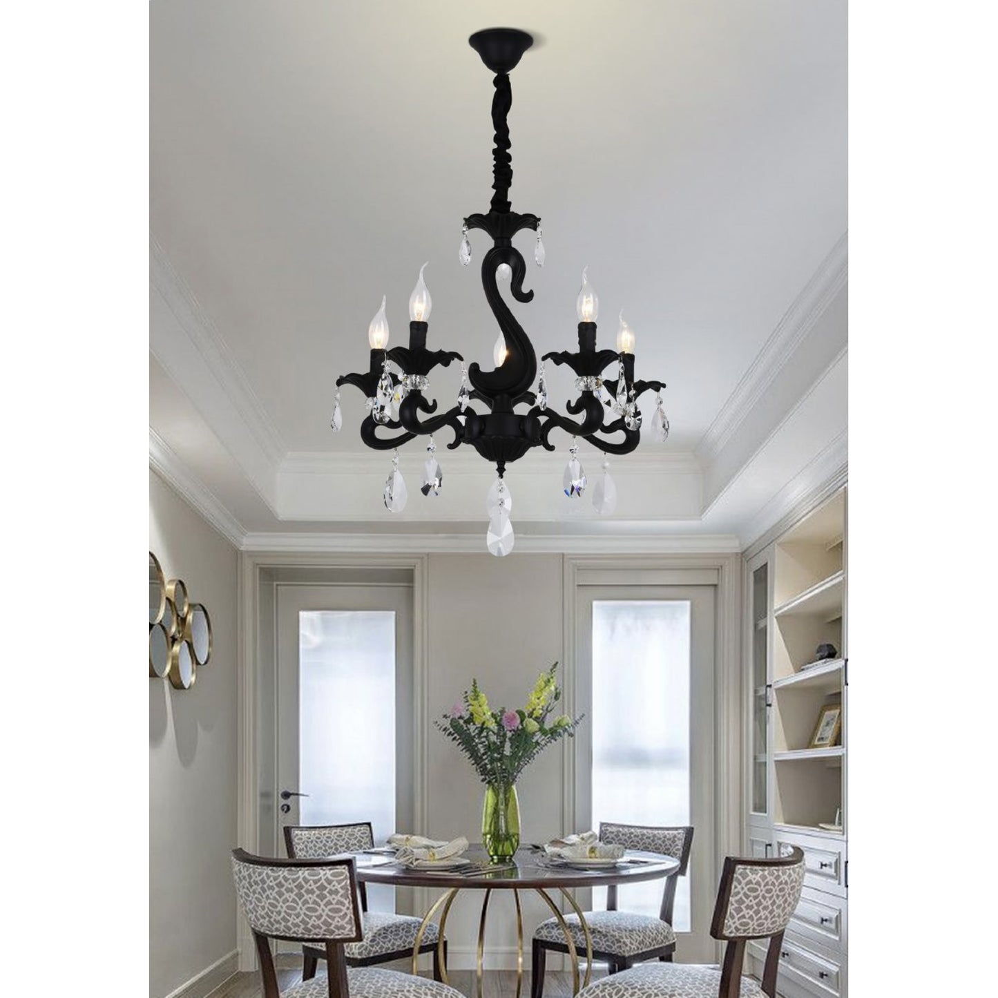 Lampadario a Sospensione Classico in Vetro e Metallo, 5 Luci E14, Stile Elegante per Soggiorno e Camera da Letto, Colori Bianco o Nero – A15-5