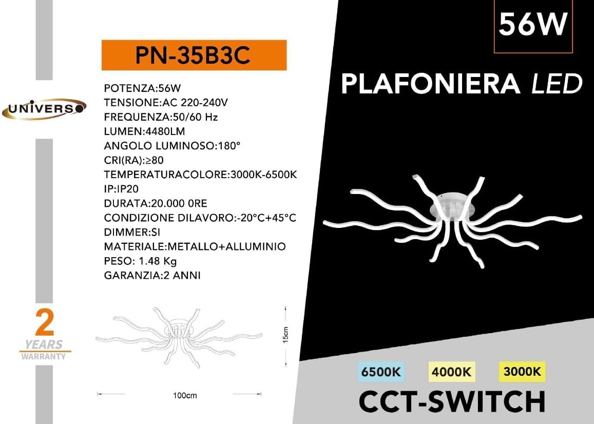 Plafoniera LED 56W Moderna a Soffitto, Luce CCT 3000K-4000K-6500K Selezionabile, Design Creativo Bianco, Lampada da Soffitto per Soggiorno Camera da Letto, PN-35B3C