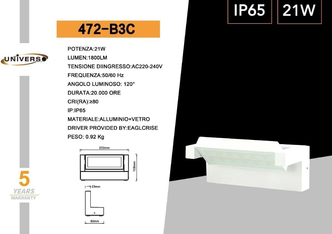 Applique LED da Esterno 21W IP65 CCT-Switch 3000K-4000K-6500K, Lampada da Parete Moderna in Alluminio e Vetro, Impermeabile per Facciata, Giardino e Balcone 472