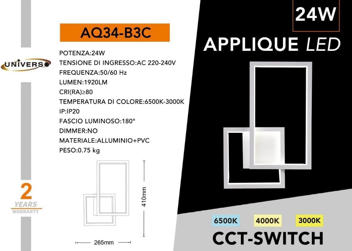 Applique LED Moderna 24W da Parete, CCT Switch 3000K/4000K/6500K, Lampada da Muro Design Geometrico per Soggiorno Camera Corridoio, IP20 – Serie AQ34