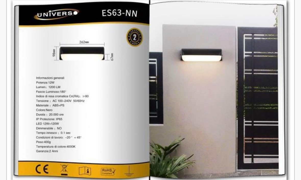 Applique da Esterno LED 12W IP65 – Lampada da Parete Moderna Impermeabile, Luce Diffusa a 180°, Alluminio + ABS, Ideale per Facciata, Balcone e Giardino ES63