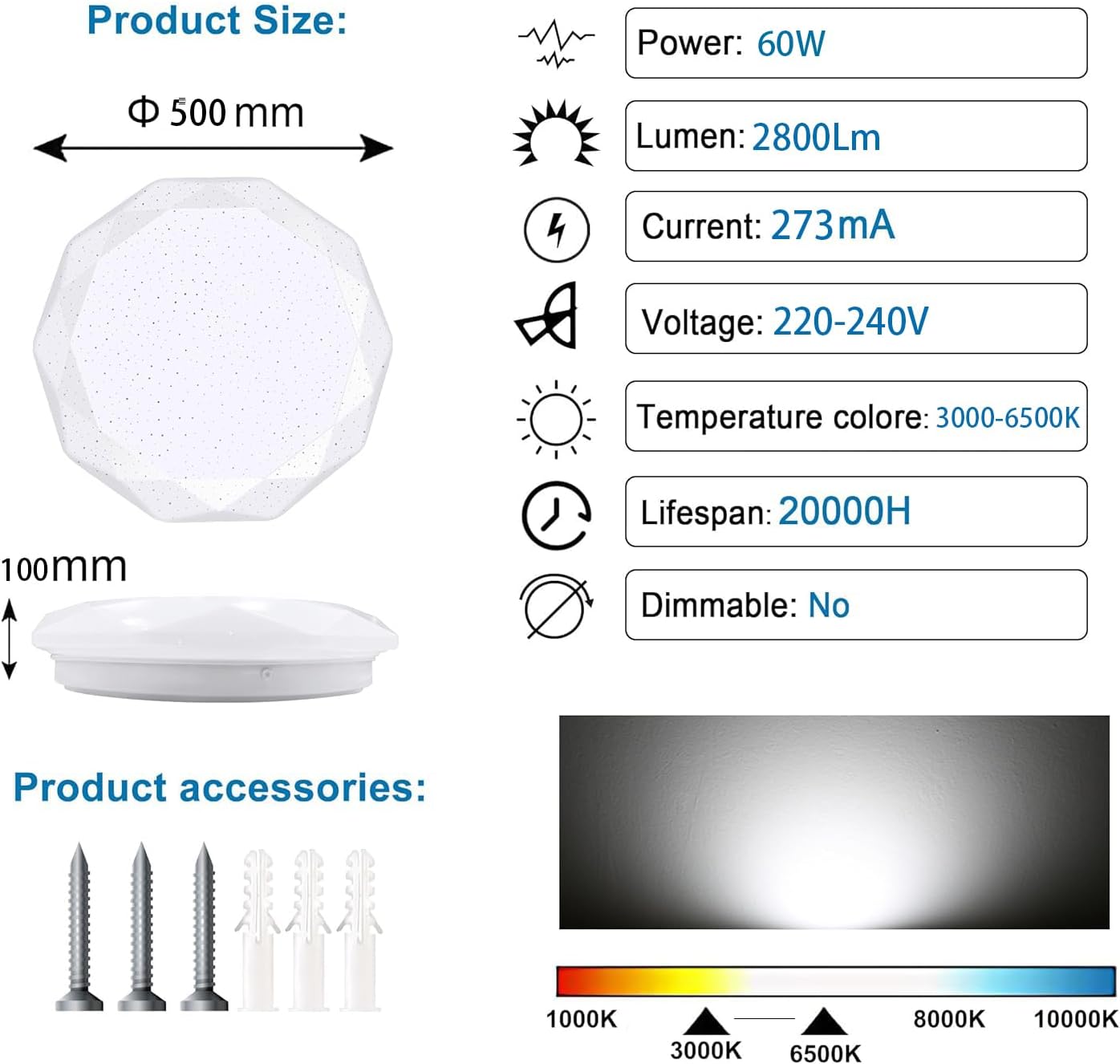 TEKHOME LAMPADARIO DA SOFFITTO LED Ø500mm, 60W, CCT 3000K-6500K, Copertura Puntinata, Controllo 2.4G, Luce a Tre Colori C62-3C