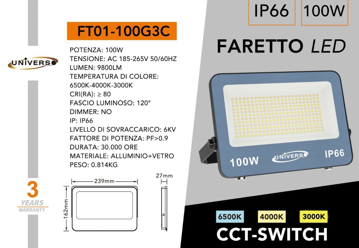 Faro LED Esterno CCT IP66 – 10W/20W/30W/50W/100W/200W – Selettore 3000K-4000K-6500K – Faretto LED da Esterno in Alluminio, Bianco o Grigio FT01