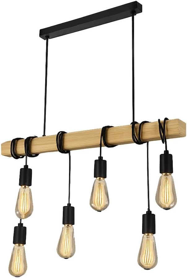 TEKHOME Lampada Sospesa a Soffitto con Paralume in Legno, Lampadario Design Industriale/Scandinavo con Attacco E27, per Cucina Isola Tavolo Bar, 110-240V, (Lampadina Non Inclusa) B47-6