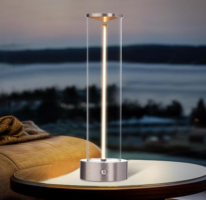 Lampada da Tavolo LED Ricaricabile 3W – Lume Senza Fili 2200K Luce Calda, Touch Control, USB, Design Moderno in Alluminio e Acrilico – Uso Interno D39
