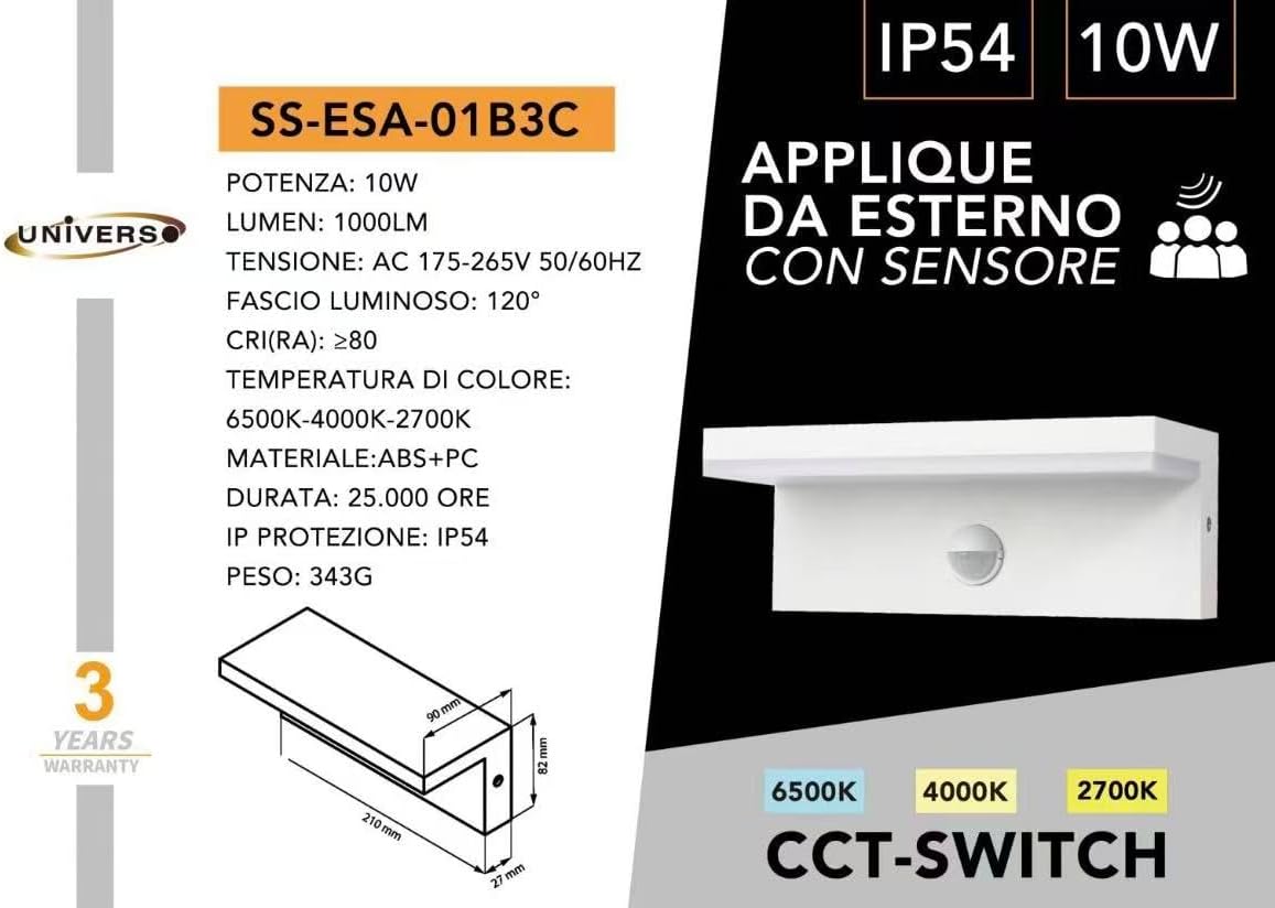 Applique LED da Esterno con Sensore di Movimento, 10W 1000LM CCT 2700K-6500K, Lampada da Parete Impermeabile Moderna in ABS+PC, per Giardino, Balcone e Ingresso – Bianco/Nero SS-ESA-01
