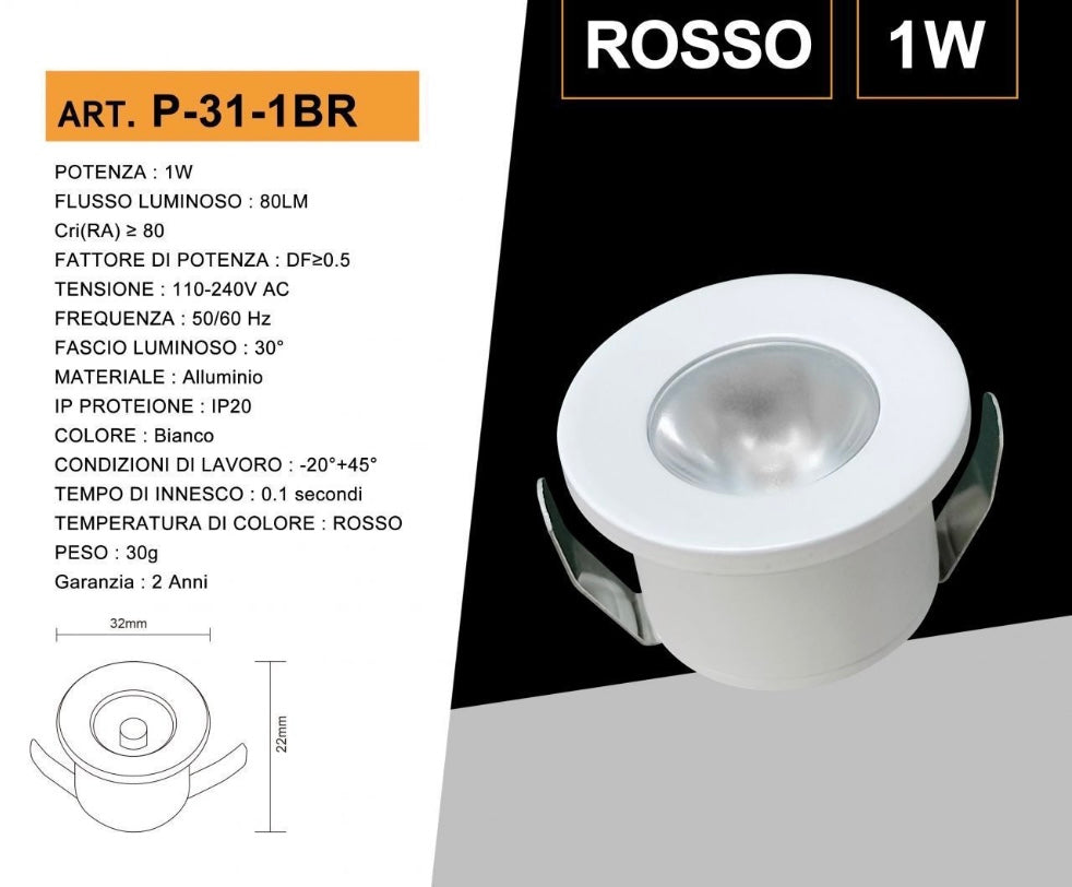 5 Pezzi,Faretti LED da Incasso 1W, Foro Ø32 mm, 80 lm, Luce 3000K/4000K/6500K o Rosso/Verde/Blu, Fascio 30°, AC 110-240V, Corpo in Alluminio, Modello P-31