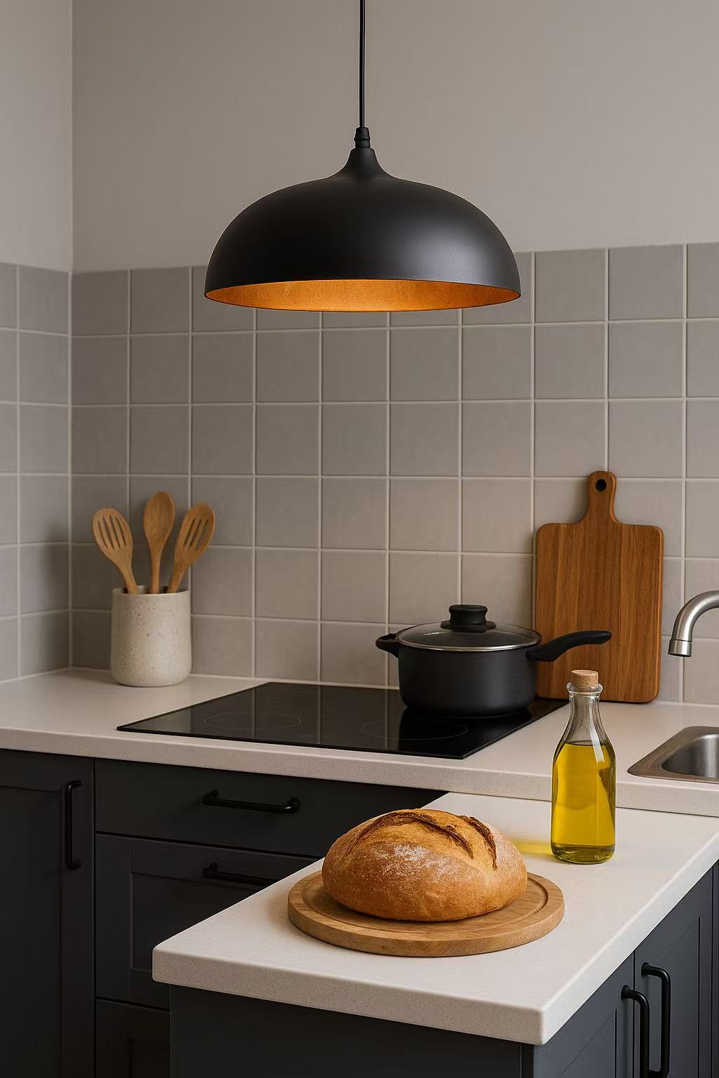 Lampadario a sospensione stile contemporaneo in metallo pendente a cupola attacco E27 luce tavolo cucina di colore nero o bianco Ø35 cm  B90