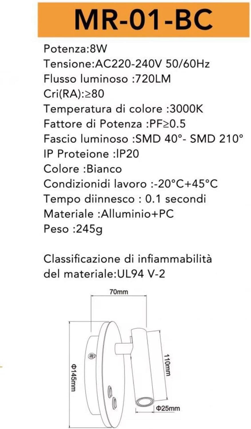 Applique da Muro LED 8W 3000K, Orientabile Rotonda, Bianco/Nero, Moderno Design per Camera da Letto, Corridoio, Soggiorno, Lampada da Parete Interno MR-01