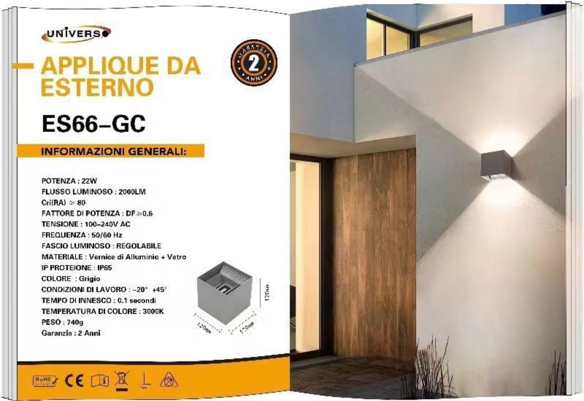 Applique da Esterno LED 22W IP65 – Lampada da Parete Moderna Up&Down Regolabile, Alluminio, 2000 Lumen, Bianco/Nero/Grigio, Luce 3000K/4000K/6500K ES66